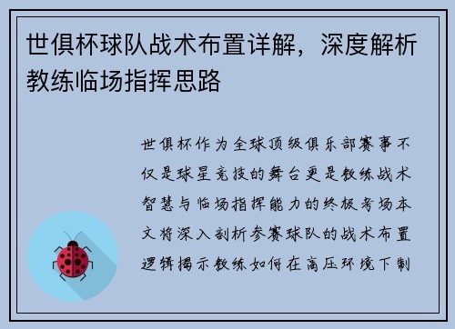 世俱杯球队战术布置详解,深度解析教练临场指挥思路